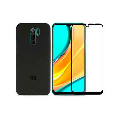 Kit Silicone Case Preta + Película 3D de Vidro para Redmi 9