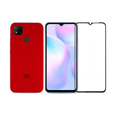 Kit Silicone Case Vermelha + Película 3D de Vidro para Redmi 9C