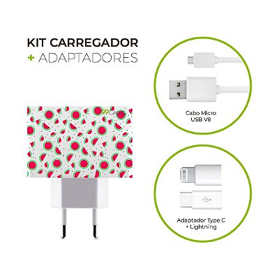 Kit Carregador Personalizado Duplo USB de Parede + Cabo Micro Usb Personalizado + Adaptador Type C  e Lightning - Mini Melancias