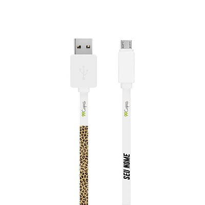 Cabo Com Nome Micro USB Branco Personalizado - Animal Print