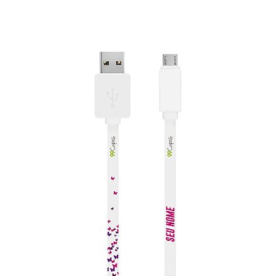 Cabo Com Nome Micro USB Branco Personalizado - Borboletas Flutuantes