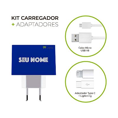 Kit Carregador Personalizado Duplo USB de Parede + Cabo Micro Usb Personalizado + Adaptador Type C  - Color Azul Royal