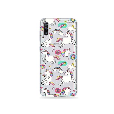 Capinha (transparente) para Galaxy A70s - Unicórnios Felizes