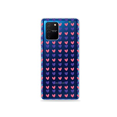 Capa (Transparente) para Galaxy S10 Lite - Corações Roxo e Rosa