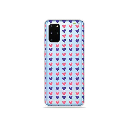 Capa (Transparente) para Galaxy S20 Plus - Corações Roxo e Rosa