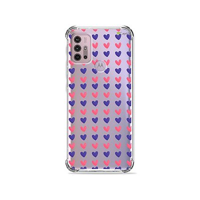 Capa (Transparente) para Moto G30 - Corações Roxo e Rosa