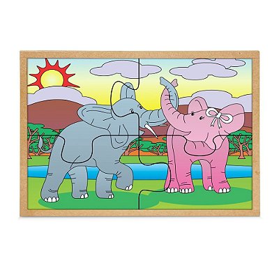 Brinquedo Educativo Quebra Cabeça Casal Elefantes Base Mdf Com 4 Peças