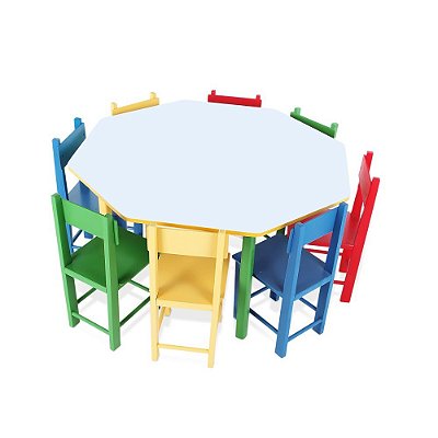 Mesa Oitavada Colorida 104cm Com 8 Cadeiras De Madeira