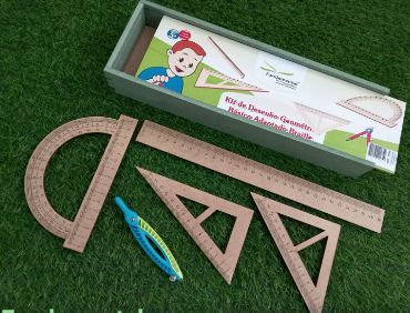 Kit Desenho Geometrico Básico Adaptado Braille 5 Peças Inclusão MDF