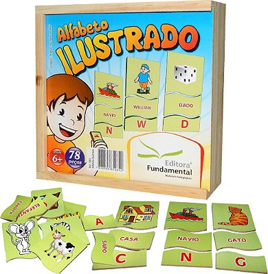 Jogo Educativo Alfabeto Ilustrado C/ 78 Peças Em Mdf Cx. Madeira