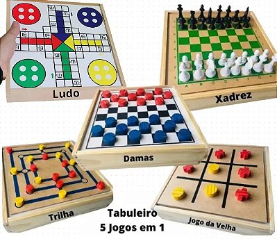 Jogo Educativo 5 em 1 Dama Trilha Jogo Da Velha Xadrez Ludo