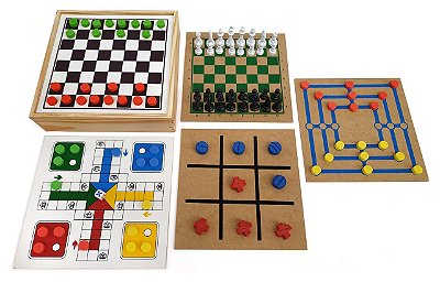 Brinquedo Educativo Jogo 5 Em 1 Dama Trilha  Ludo Velha Xadrez Caixa Madeira