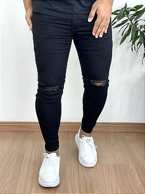 Calça Jeans Preta Super Skinny Rasgo No Joelho V2 - Codi