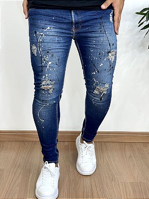 Calça Jeans Super Skinny Escura Destroyed C/ Respingo - City