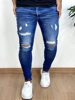 Calça Jeans Super Skinny Escura Respingos Destroyed - City