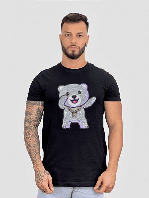 Camiseta Longline Preta Urso Pedraria Premium - Just Heaven