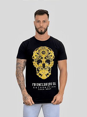 Camiseta Longline Preta Skull Gold Premium - Fb Clothing