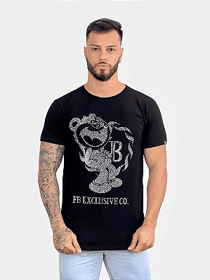 Camiseta Longline Preta Urso Pedraria Brasão - Fb Clothing *+