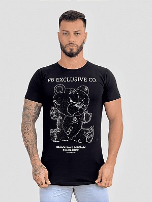 Camiseta Longline Preta Urso Pedraria Escritas Prata - Fb %