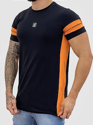 Camiseta Longline Preta Lateral Laranja - King Joy