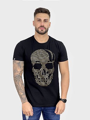 Camiseta Longline Preta Caveira Dourada - John Verdazzi