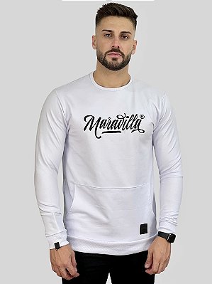 Moletom Careca Branco Bordado Preto Com Bolso - Maravilla $