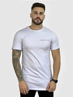 Camiseta Longline Branca Box e Faixa Rosa - Maravilla
