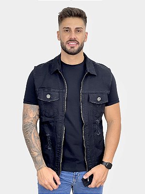 Colete Jeans Preto Destroyed Com Zíper - Codi Jeans