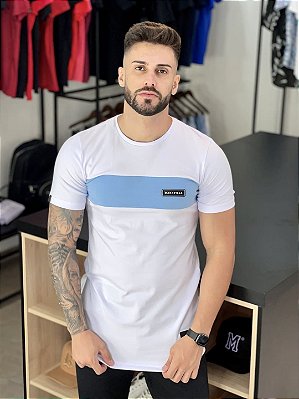 Camiseta Longline Branca Corte Azul Claro - Maravilla