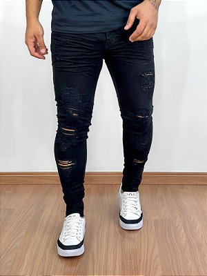 Calça Jeans Super Skinny Preta Destroyed VIP - Degrant*+