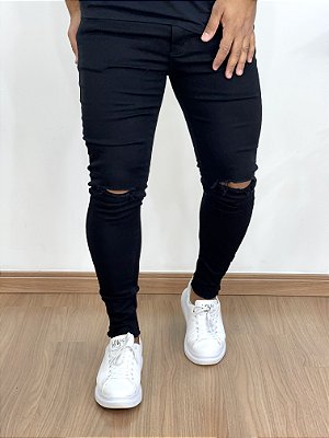 Calça Jeans Super Skinny Preta Rasgo No Joelho Challenge +