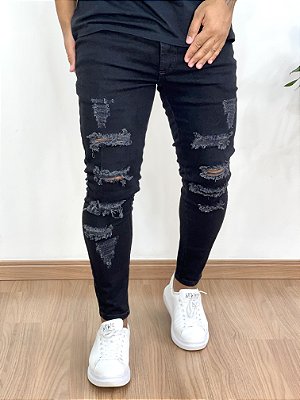 Calça Jeans Masculina Super Skinny Preta Destroyed Premium Edit-Sailor*+