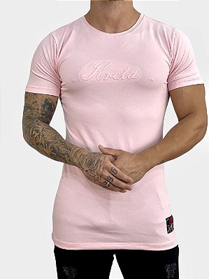 Camiseta Longline Masculina Rosa Claro Logo Relevo Kreta [