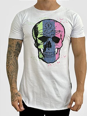 Camiseta Longline Masculina Branca Skull Colors Kreta #