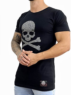 Camiseta Longline Masculina Preta Skull Pirate Kreta [