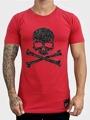 Camiseta Longline Vermelha Masculina Skull Pirate Kreta [