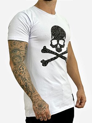 Camiseta Longline Branca Masculina Skull Pirate Kreta [