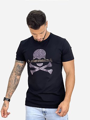 Camiseta Masculina Longline Preta Caveira Roxa Pedraria*