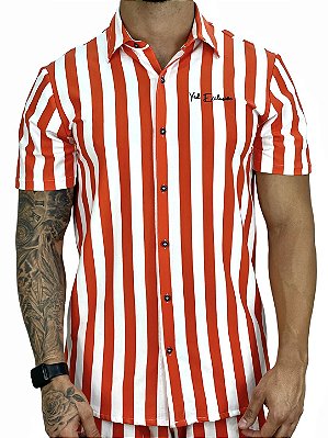 Camisa Masculina de Botão MC Branco/Laranja Listrada Yed*