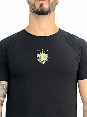 Camiseta Masculina Longline Preta Brasão Brasil Fb Clothing %