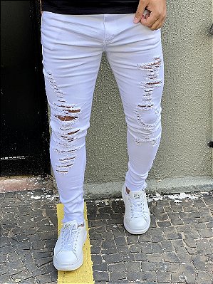 Calça Jeans Masculina Super Skinny Branca Destroyed Classic*