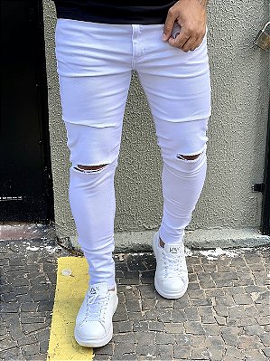 Calça Jeans Masculina Super Skinny Branca Rasgo No Joelho*