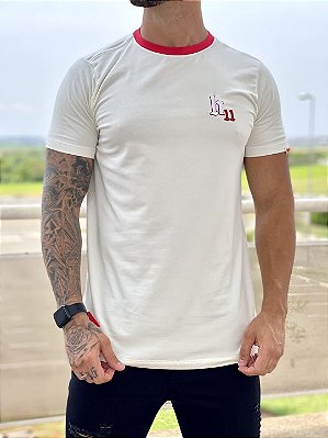 Camiseta Longline Masculina Off White H11 Bordado Vermelho*