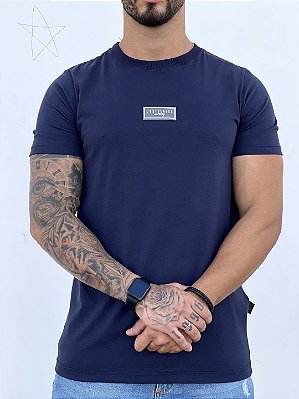 Camiseta Longline Masculina Basica Azul Marinho Logo Emborrachado*