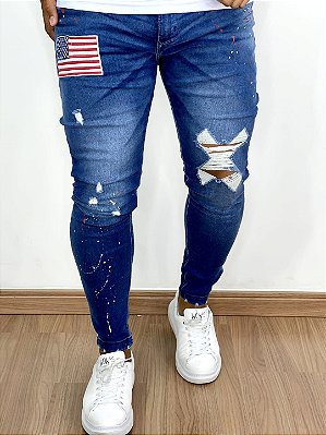 Calça Jeans Masculina Super Skinny Escura Bandeira USA Bordada*