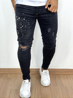 Calça Jeans Masculina Super Skinny  Preta Lavada Caveira Relevo*
