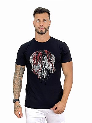 Camiseta Longline Masculina Preta Melting Red Skull