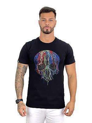 Camiseta Longline Masculina Preta Melting Colorful Skull