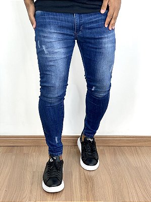 Calça Jeans Masculina Super Skinny Escura Destroyed Leve*