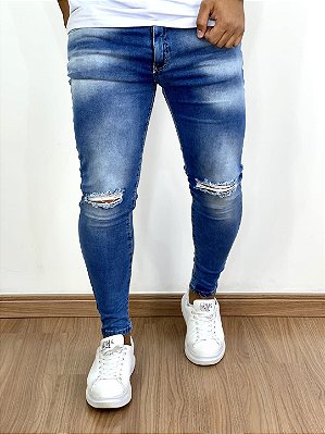 Calça Jeans Masculina Super Skinny Média Rasgo No Joelho V2*